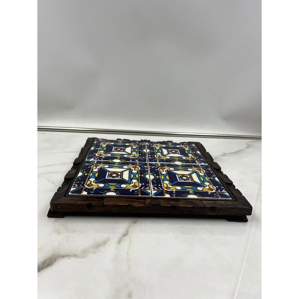 Vintage Orion Monterrey Mexico Ceramic Tile Trivet Carved Wood Frame Talavera